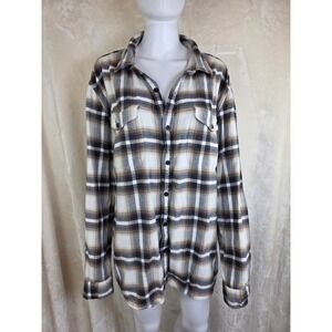 American Eagle XXL Flannel Plaid Button Down Shirt Brown Cream Cotton 1977